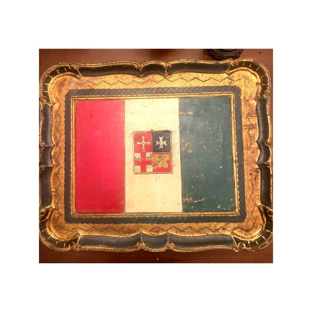 Vintage Italian Navy Ensign Florentine Tole Tray 18x14.5 Gold Gilt Wood Crest
